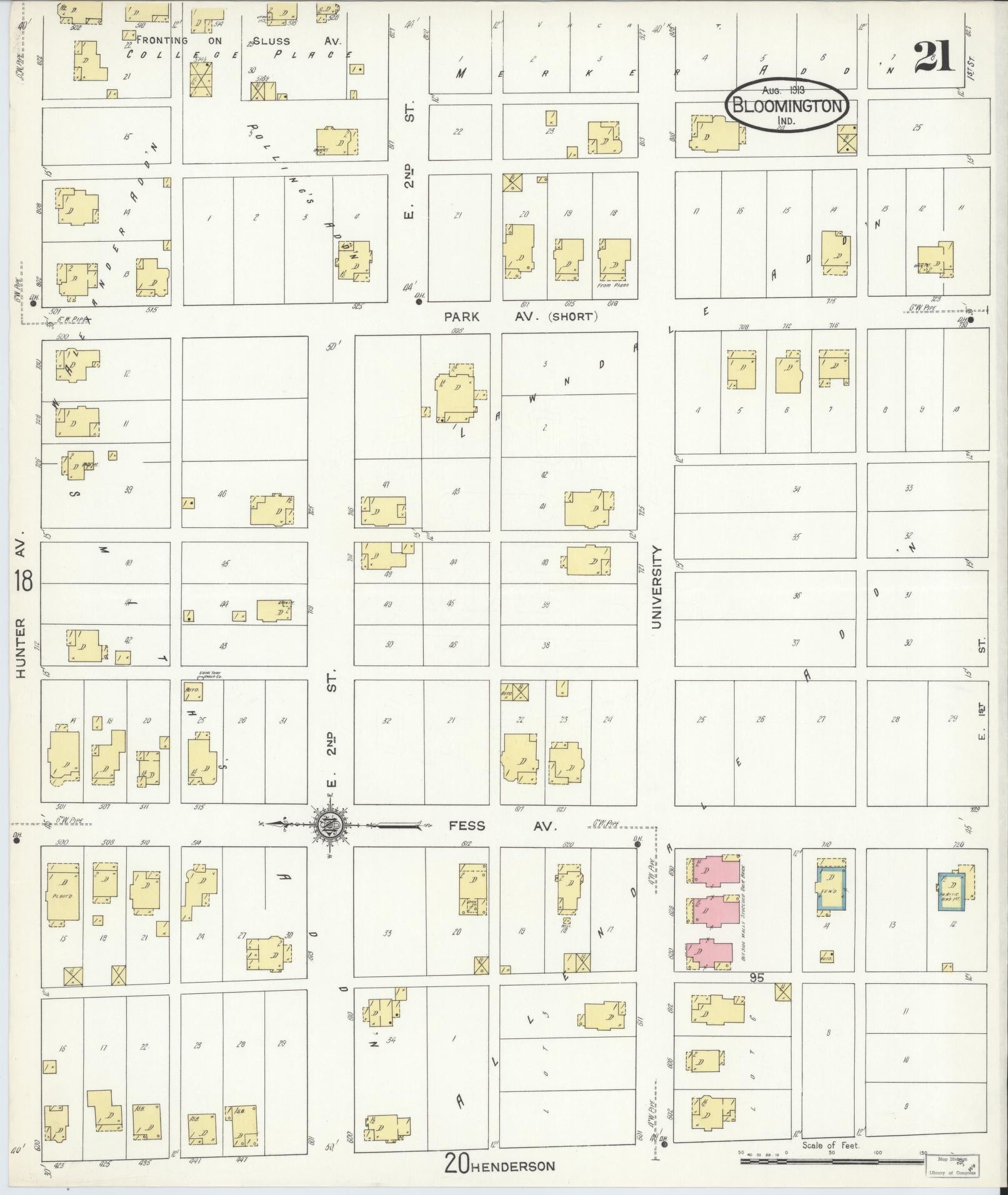 Sanborn Fire Insurance Map from Bloomington, Monroe County, Indiana (1913), Sheet #0021 - Historic Sanborn Fire Insurance Map Print, vintage old map wall art, antique decor, genealogy gift, Indiana Indiana map