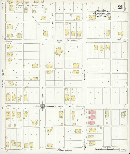 Sanborn Fire Insurance Map from Bloomington, Monroe County, Indiana (1913), Sheet #0021 - Historic Sanborn Fire Insurance Map Print, vintage old map wall art, antique decor, genealogy gift, Indiana Indiana map