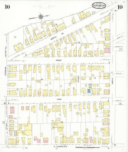 Sanborn Fire Insurance Map from Burlington, Chittenden County, Vermont (1926), Sheet #0010 - Historic Sanborn Fire Insurance Map Print, vintage old map wall art, antique decor, genealogy gift, Vermont Vermont map