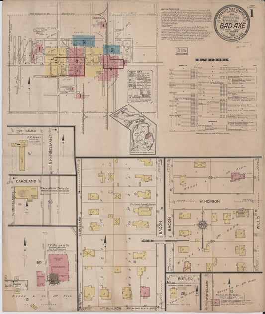 Sanborn Fire Insurance Map from Bad Axe, Huron County, Michigan (1922), Sheet #0001 - Complete Map Set gallery image, historic Sanborn map, vintage wall art, Michigan Michigan