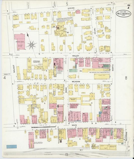 Sanborn Fire Insurance Map from Willimantic, Windham County, Connecticut (1908), Sheet #0007 - Historic Sanborn Fire Insurance Map Print, vintage old map wall art, antique decor, genealogy gift, Connecticut Connecticut map