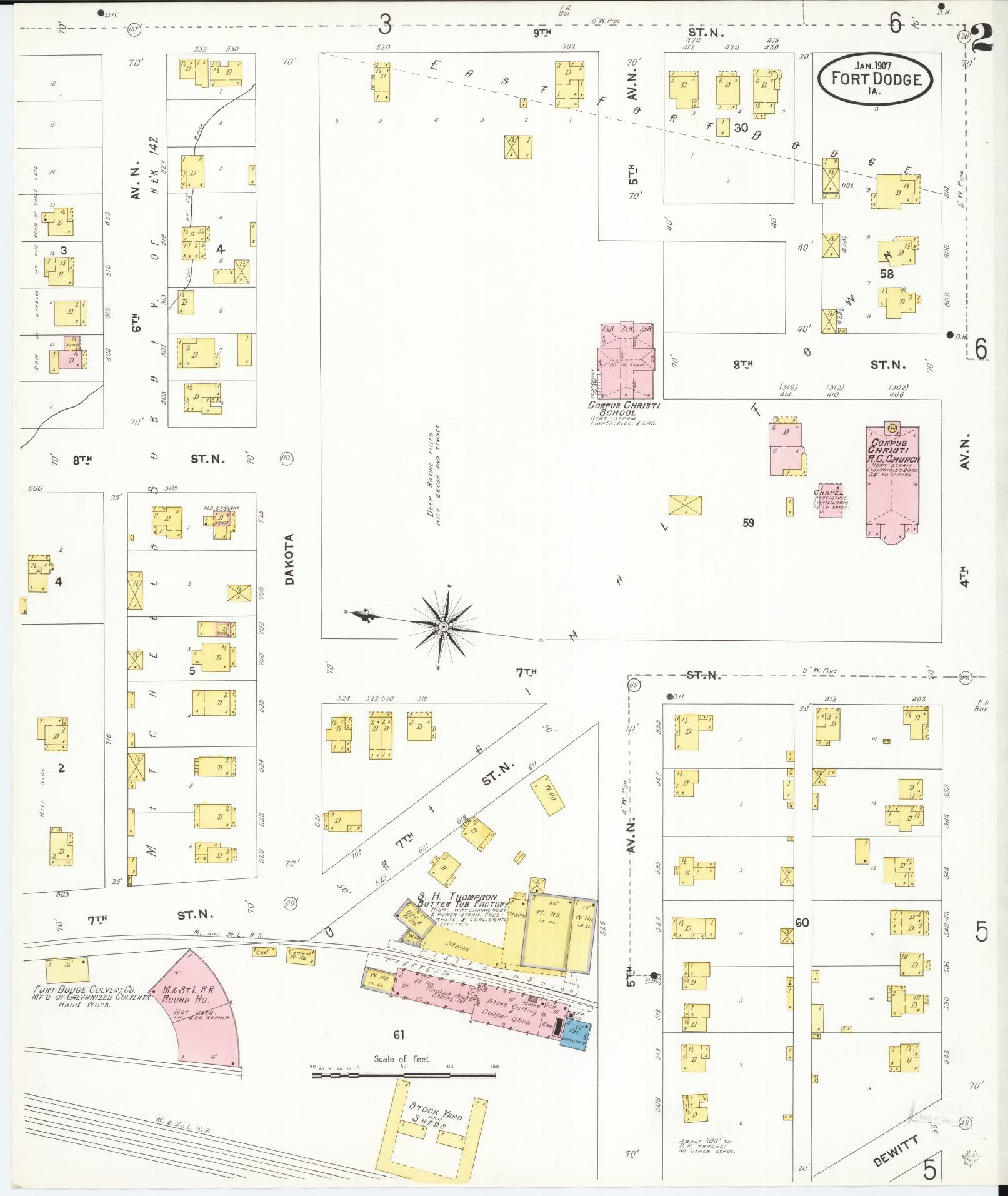 Sanborn Fire Insurance Map from Fort Dodge, Webster County, Iowa (1907), Sheet #0002 - Historic Sanborn Fire Insurance Map Print, vintage old map wall art