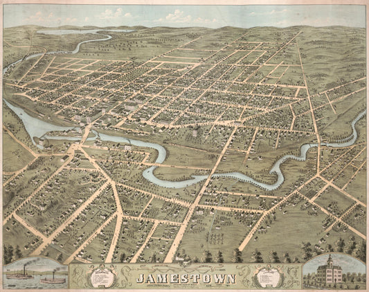 Birds eye view of the city of Jamestown, Chautauqua County, New York 1871 : looking north west (1871) – Historic Bird’s-Eye View Panorama Print