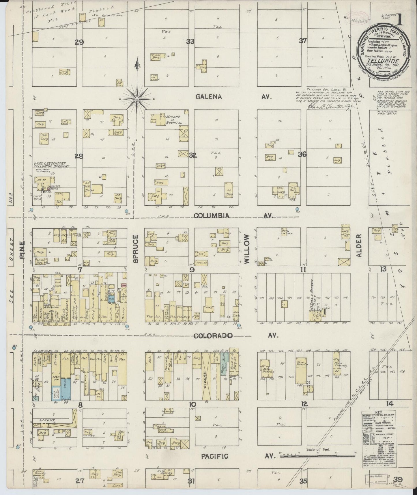 Sanborn Fire Insurance Map from Telluride, San Miguel County, Colorado (1890), Sheet #0001 - Historic Sanborn Fire Insurance Map Print, vintage old map wall art, antique decor, genealogy gift, Colorado Colorado map