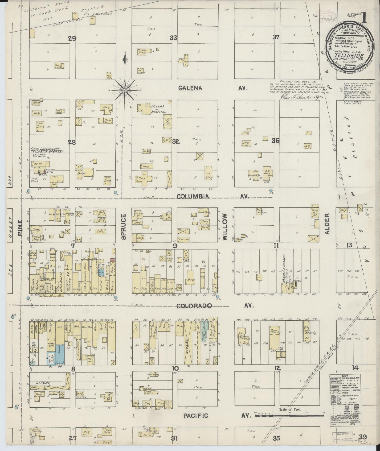 Sanborn Fire Insurance Map from Telluride, San Miguel County, Colorado (1890), Sheet #0001 - Historic Sanborn Fire Insurance Map Print, vintage old map wall art, antique decor, genealogy gift, Colorado Colorado map