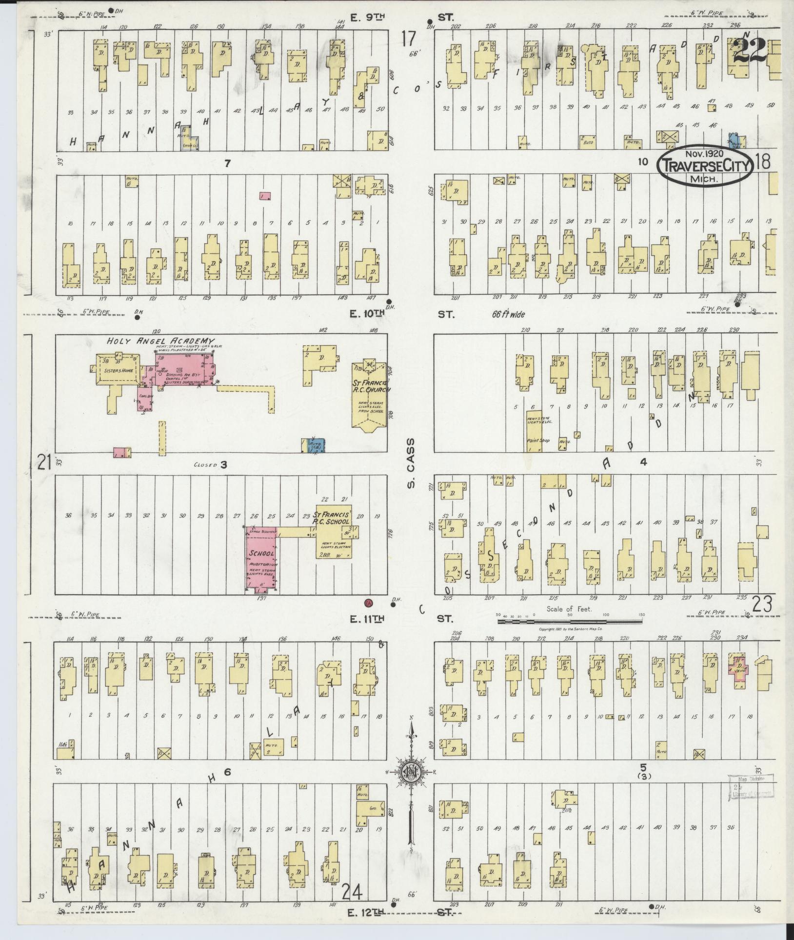 Sanborn Fire Insurance Map from Traverse City, Grand Traverse County, Michigan (1920), Sheet #0022 - Historic Sanborn Fire Insurance Map Print, vintage old map wall art, antique decor, genealogy gift, Michigan Michigan map