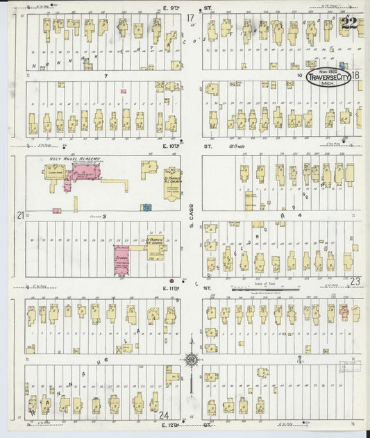 Sanborn Fire Insurance Map from Traverse City, Grand Traverse County, Michigan (1920), Sheet #0022 - Historic Sanborn Fire Insurance Map Print, vintage old map wall art, antique decor, genealogy gift, Michigan Michigan map