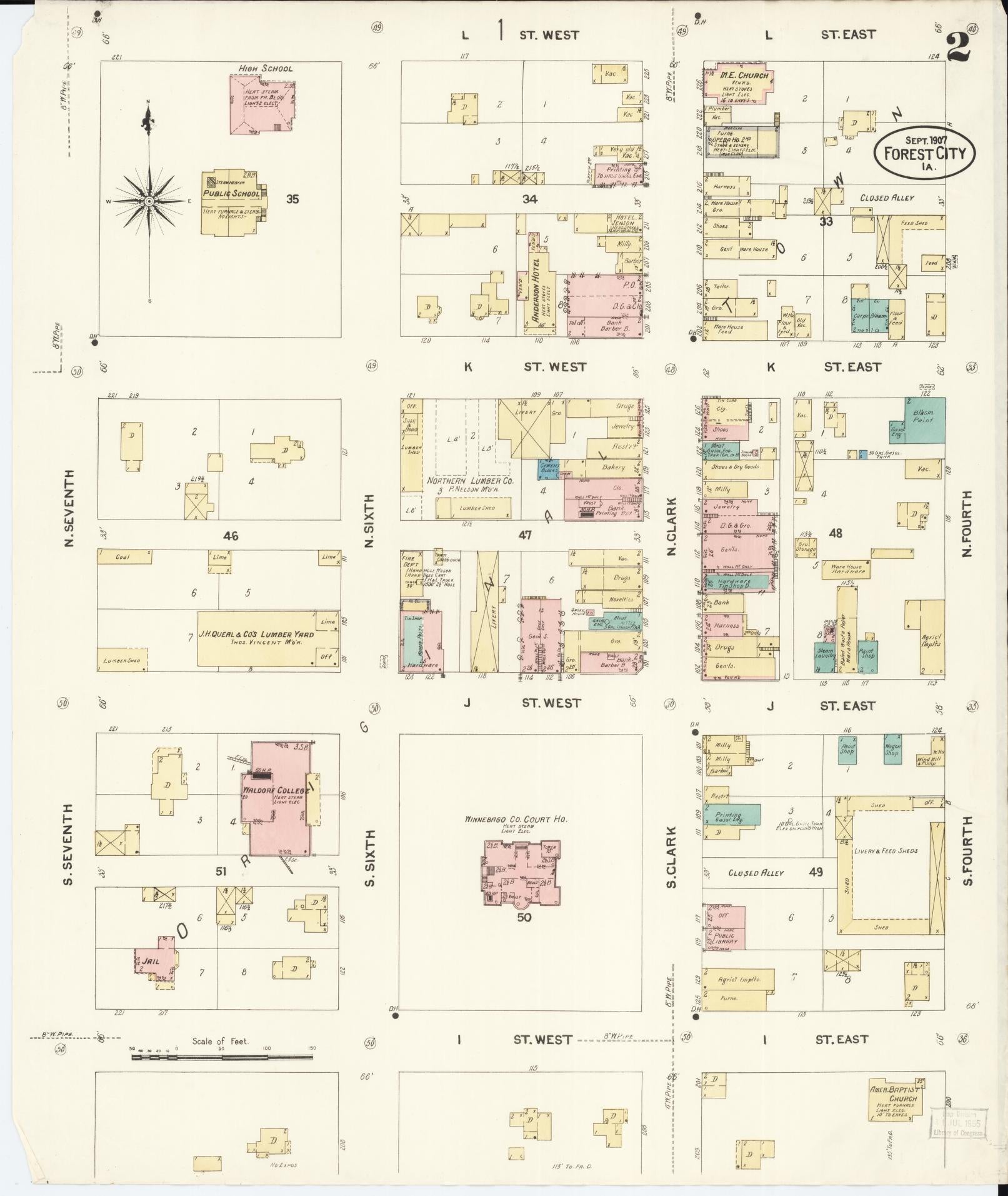 Sanborn Fire Insurance Map from Forest City, Winnebago County, Iowa (1907), Sheet #0002 - Historic Sanborn Fire Insurance Map Print, vintage old map wall art
