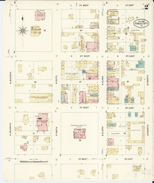 Sanborn Fire Insurance Map from Forest City, Winnebago County, Iowa (1907), Sheet #0002 - Historic Sanborn Fire Insurance Map Print, vintage old map wall art