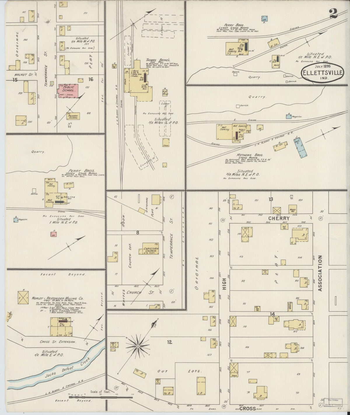 Sanborn Fire Insurance Map from Ellettsville, Monroe County, Indiana (1895), Sheet #0002 - Historic Sanborn Fire Insurance Map Print, vintage old map wall art, antique decor, genealogy gift, Indiana Indiana map