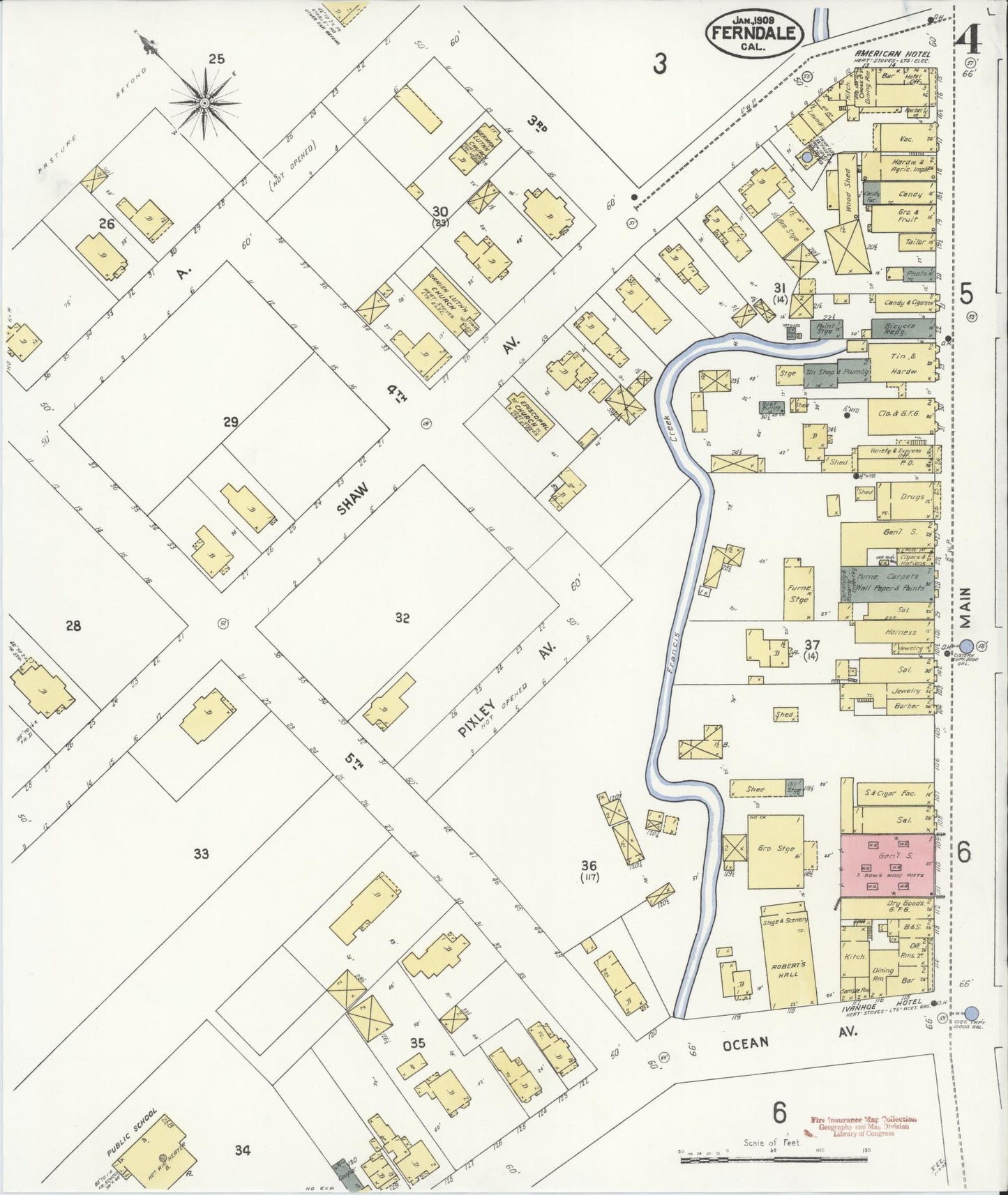 Sanborn Fire Insurance Map from Ferndale, Humboldt County, California (1909), Sheet #0004 - Complete Map Set gallery image, historic Sanborn map, vintage wall art, California California