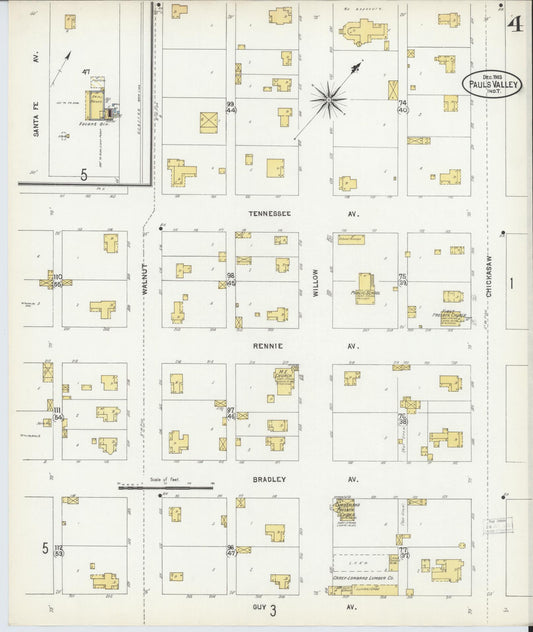 Sanborn Fire Insurance Map from Pauls Valley, Garvin County, Oklahoma (1903), Sheet #0004 - Historic Sanborn Fire Insurance Map Print, vintage old map wall art, antique decor, genealogy gift, Oklahoma Oklahoma map