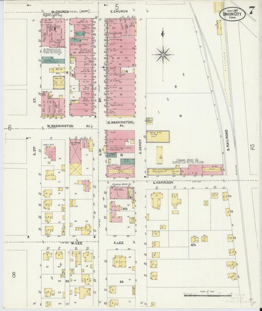 Sanborn Fire Insurance Map from Union City, Obion County, Tennessee (1907), Sheet #0007 - Historic Sanborn Fire Insurance Map Print, vintage old map wall art, antique decor, genealogy gift, Tennessee Tennessee map