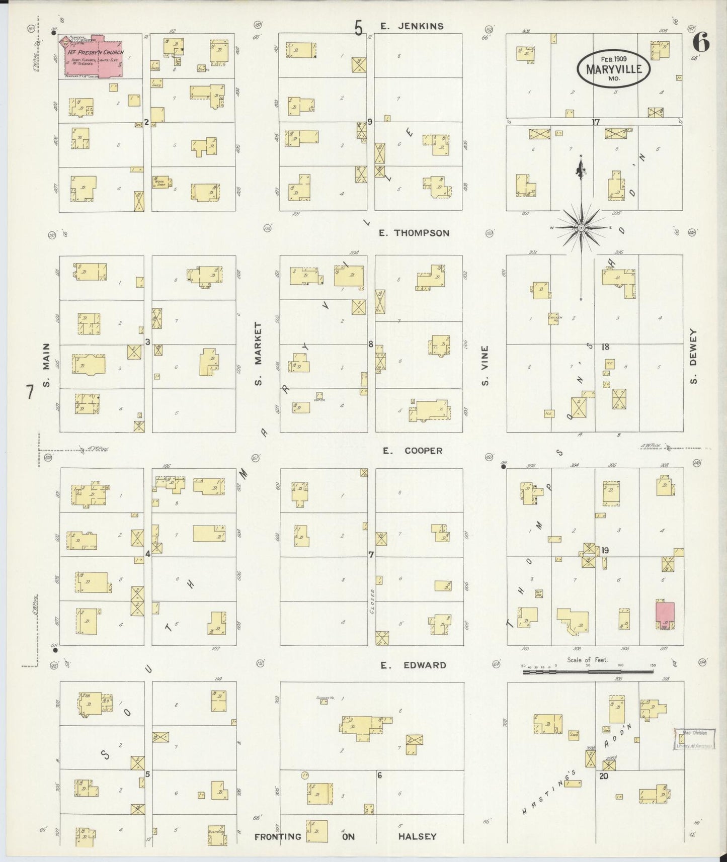Sanborn Fire Insurance Map from Maryville, Nodaway County, Missouri (1909), Sheet #0006 - Historic Sanborn Fire Insurance Map Print, vintage old map wall art, antique decor, genealogy gift, Missouri Missouri map