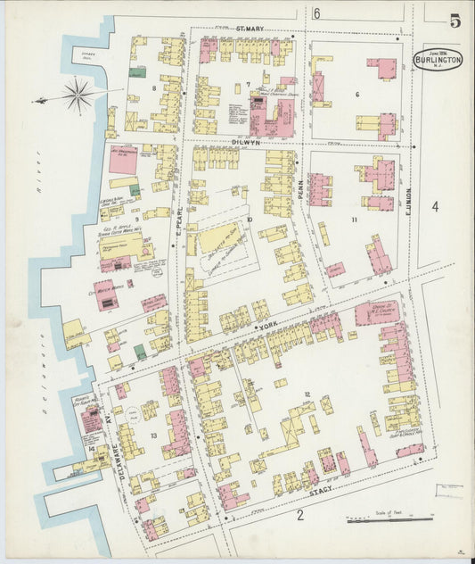 Sanborn Fire Insurance Map from Burlington, Burlington County, New Jersey (1896), Sheet #0005 - Historic Sanborn Fire Insurance Map Print, vintage old map wall art, antique decor, genealogy gift, New Jersey New Jersey map