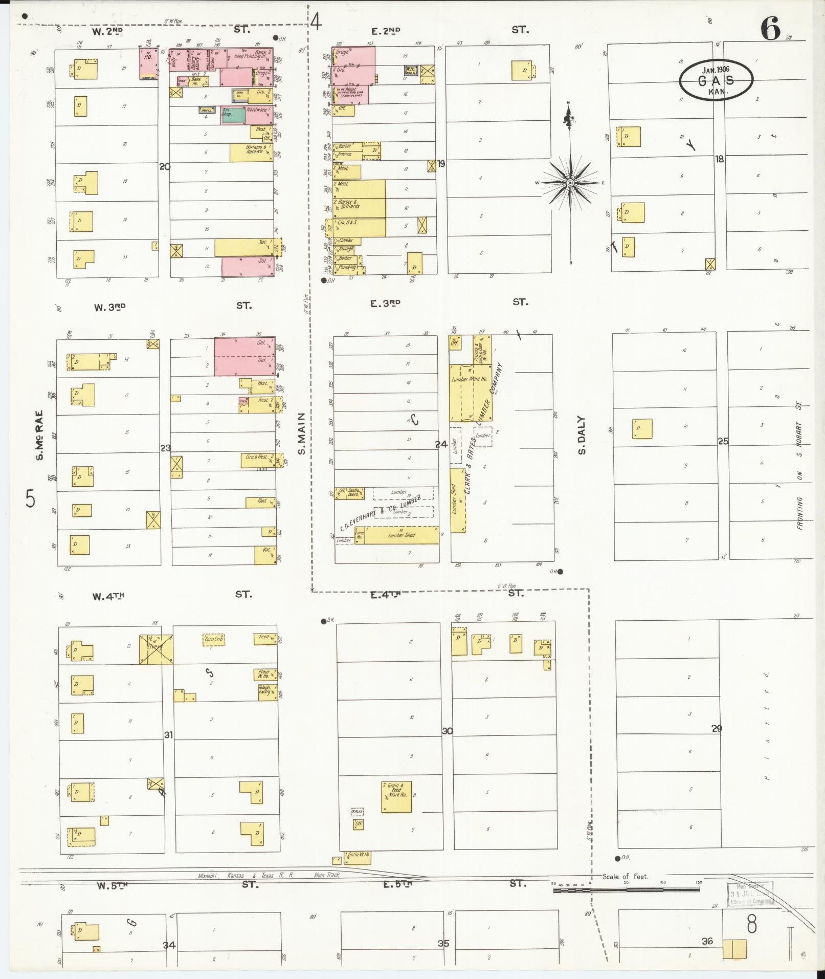 Sanborn Fire Insurance Map from Gas, Allen County, Kansas (1906), Sheet #0006 - Historic Sanborn Fire Insurance Map Print, vintage old map wall art, antique decor, genealogy gift, Kansas Kansas map