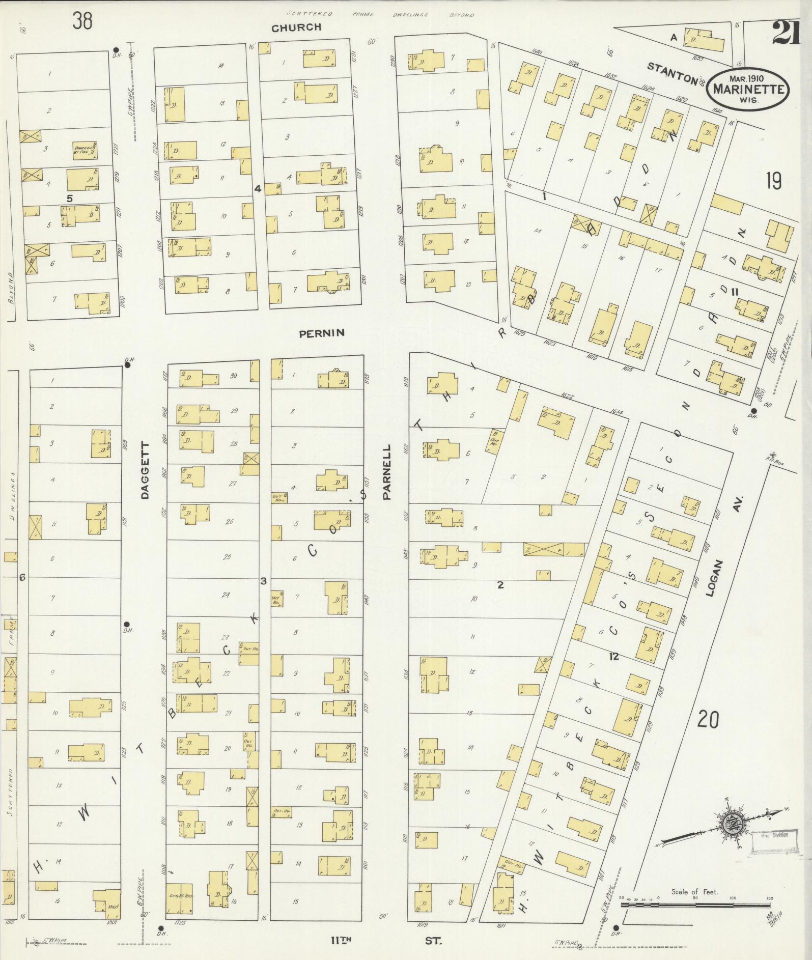 Sanborn Fire Insurance Map from Marinette, Marinette County, Wisconsin (1910), Sheet #0021 - Historic Sanborn Fire Insurance Map Print, vintage old map wall art, antique decor, genealogy gift, Wisconsin Wisconsin map