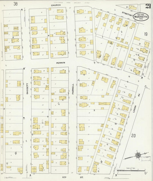 Sanborn Fire Insurance Map from Marinette, Marinette County, Wisconsin (1910), Sheet #0021 - Historic Sanborn Fire Insurance Map Print, vintage old map wall art, antique decor, genealogy gift, Wisconsin Wisconsin map