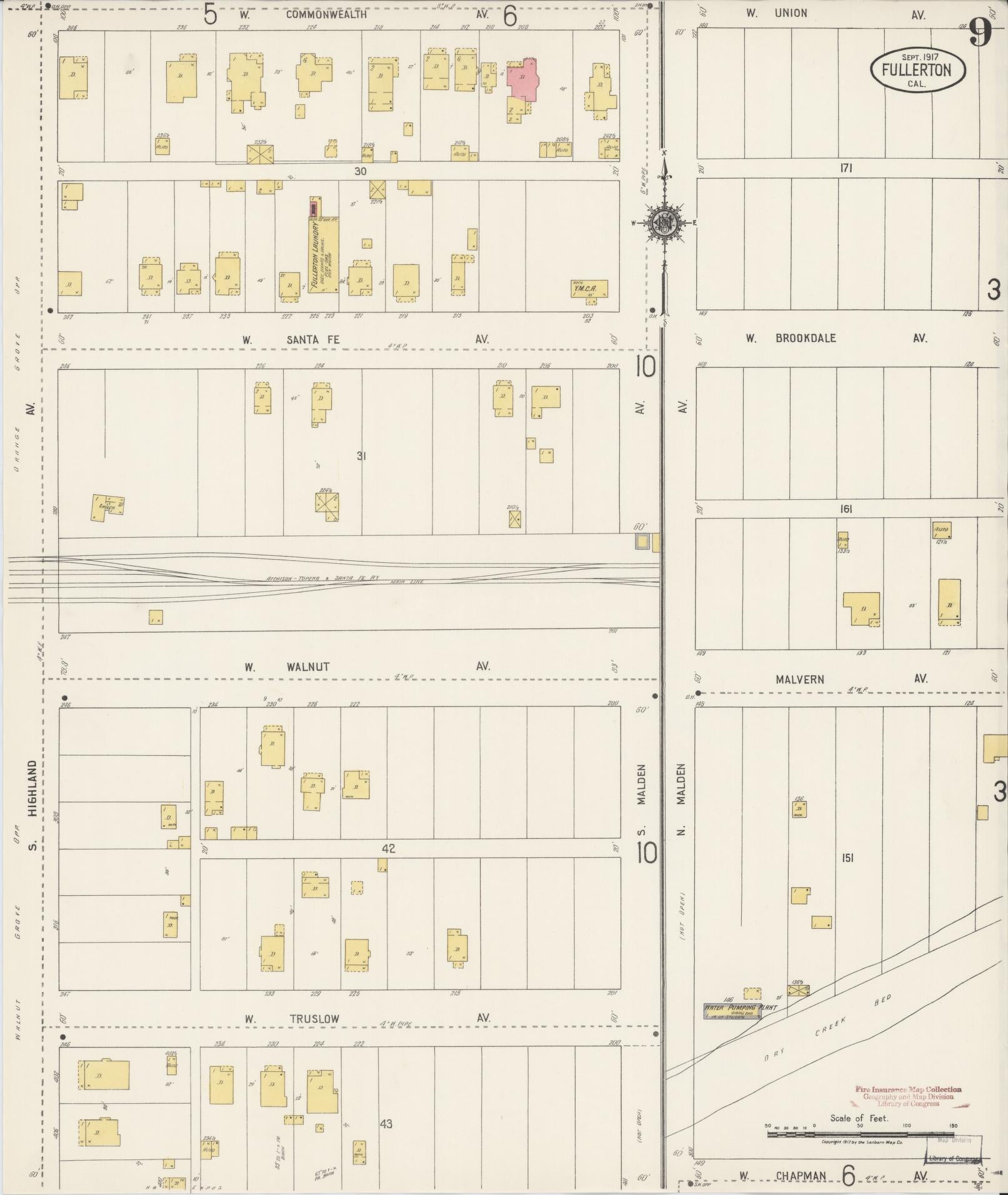 Sanborn Fire Insurance Map from Fullerton, Orange County, California (1917), Sheet #0009 - Historic Sanborn Fire Insurance Map Print, vintage old map wall art, antique decor, genealogy gift, California California map