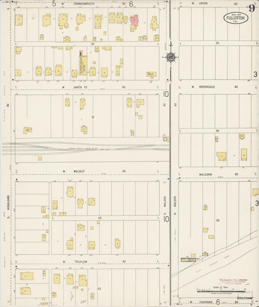 Sanborn Fire Insurance Map from Fullerton, Orange County, California (1917), Sheet #0009 - Historic Sanborn Fire Insurance Map Print, vintage old map wall art, antique decor, genealogy gift, California California map
