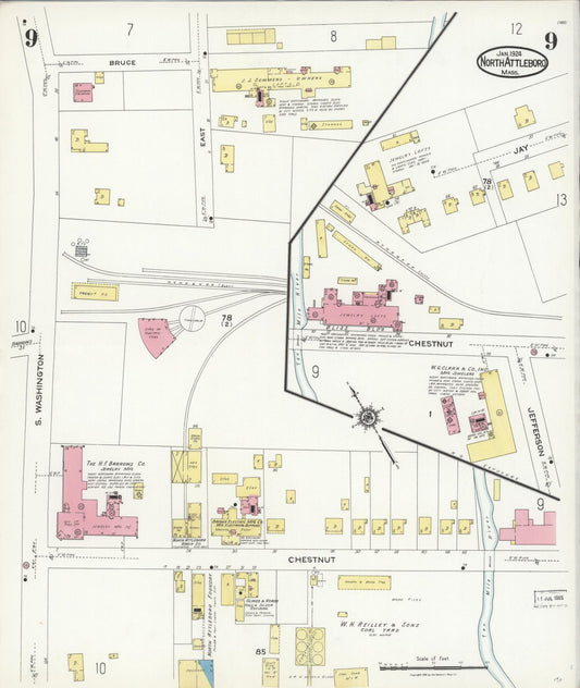 Sanborn Fire Insurance Map from North Attleborough, Bristol County, Massachusetts (1924), Sheet #0009 - Historic Sanborn Fire Insurance Map Print, vintage old map wall art, antique decor, genealogy gift, Massachusetts Massachusetts map