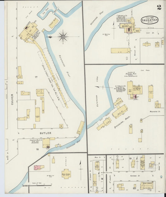 Sanborn Fire Insurance Map from Saugatuck, Allegan County, Michigan (1895), Sheet #0002 - Historic Sanborn Fire Insurance Map Print, vintage old map wall art, antique decor, genealogy gift, Michigan Michigan map