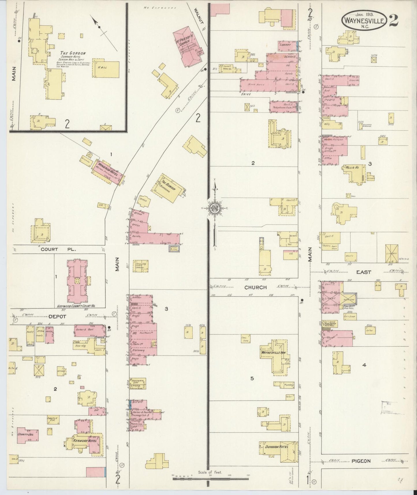 Sanborn Fire Insurance Map from Waynesville, Haywood County, North Carolina (1913), Sheet #0002 - Historic Sanborn Fire Insurance Map Print, vintage old map wall art, antique decor, genealogy gift, North Carolina North Carolina map