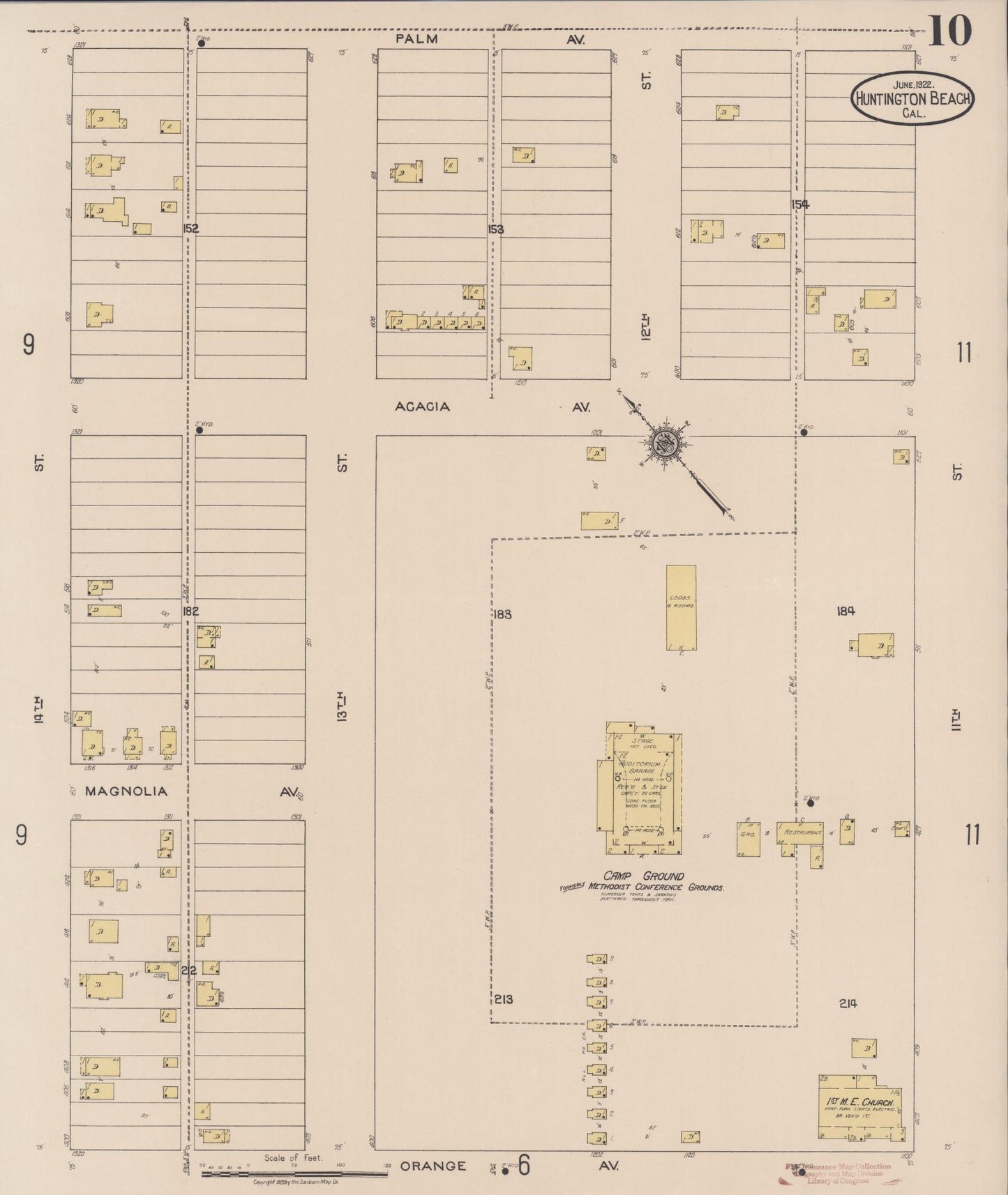 Sanborn Fire Insurance Map from Huntington Beach, Orange County, California (1922), Sheet #0010 - Historic Sanborn Fire Insurance Map Print, vintage old map wall art, antique decor, genealogy gift, California California map