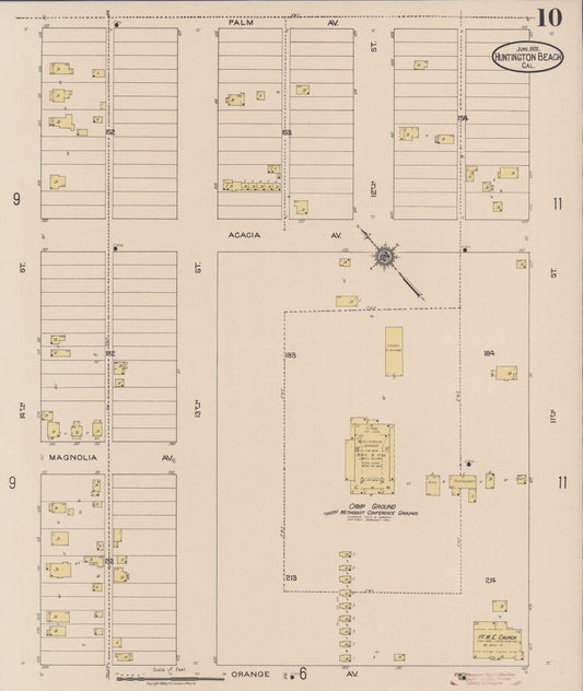 Sanborn Fire Insurance Map from Huntington Beach, Orange County, California (1922), Sheet #0010 - Historic Sanborn Fire Insurance Map Print, vintage old map wall art, antique decor, genealogy gift, California California map