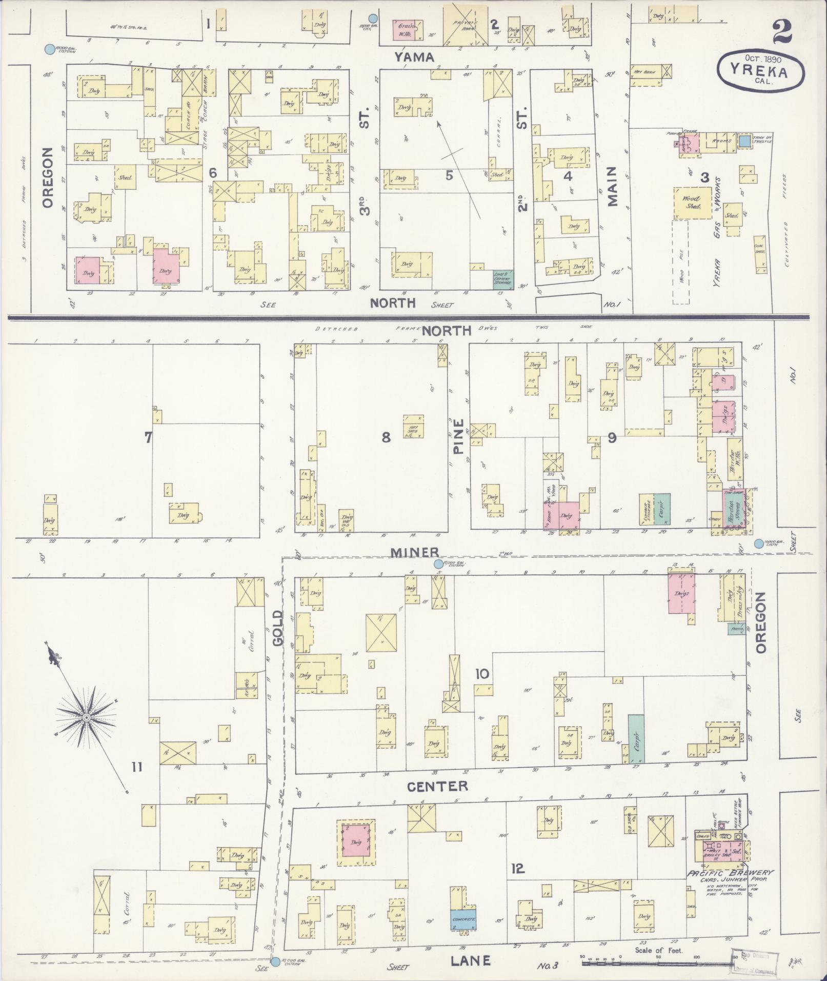 Sanborn Fire Insurance Map from Yreka, Siskiyou County, California (1890), Sheet #0002 - Complete Map Set gallery image, historic Sanborn map, vintage wall art, California California