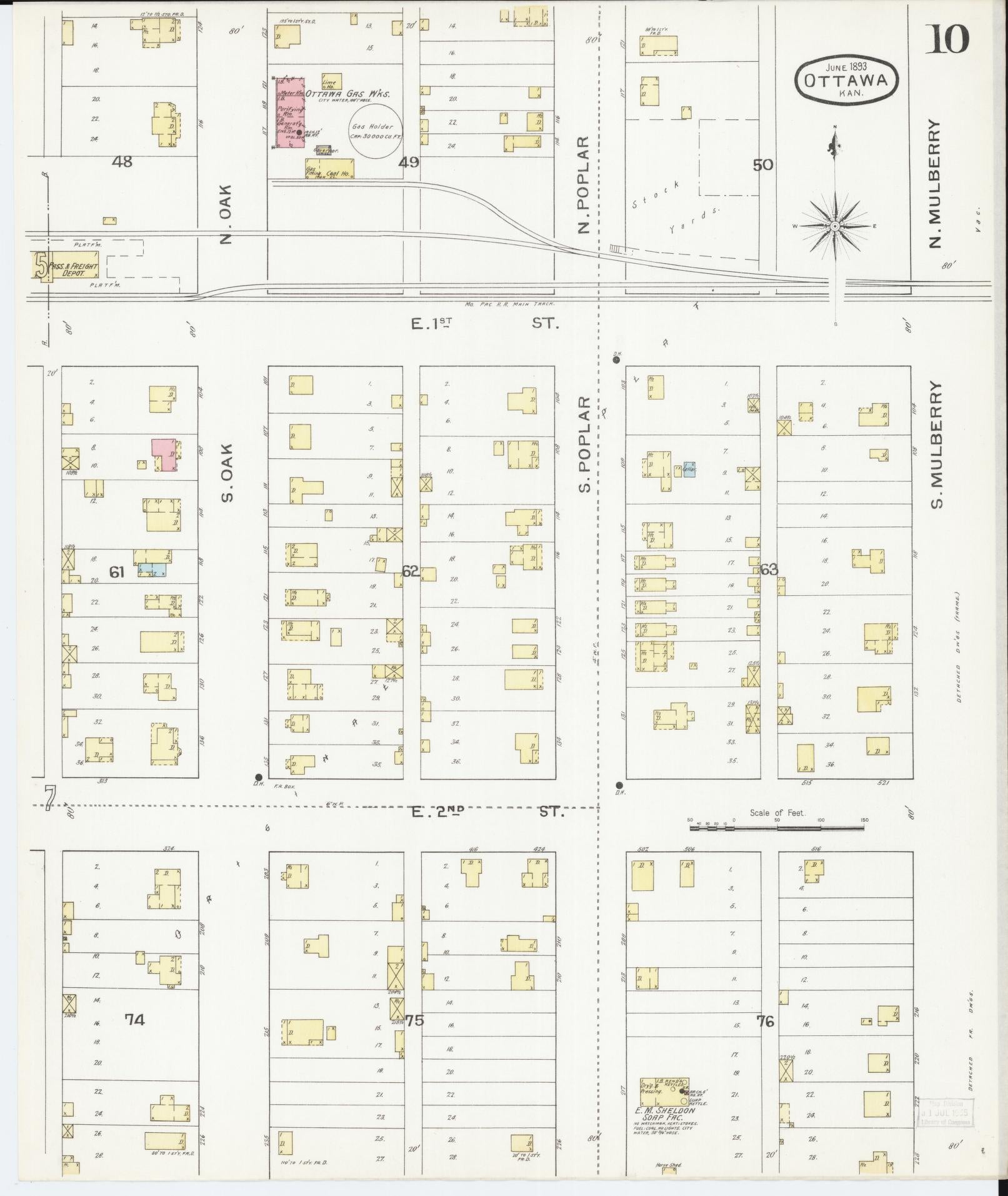 Sanborn Fire Insurance Map from Ottawa, Franklin County, Kansas (1893), Sheet #0010 - Complete Map Set gallery image, historic Sanborn map, vintage wall art, Kansas Kansas