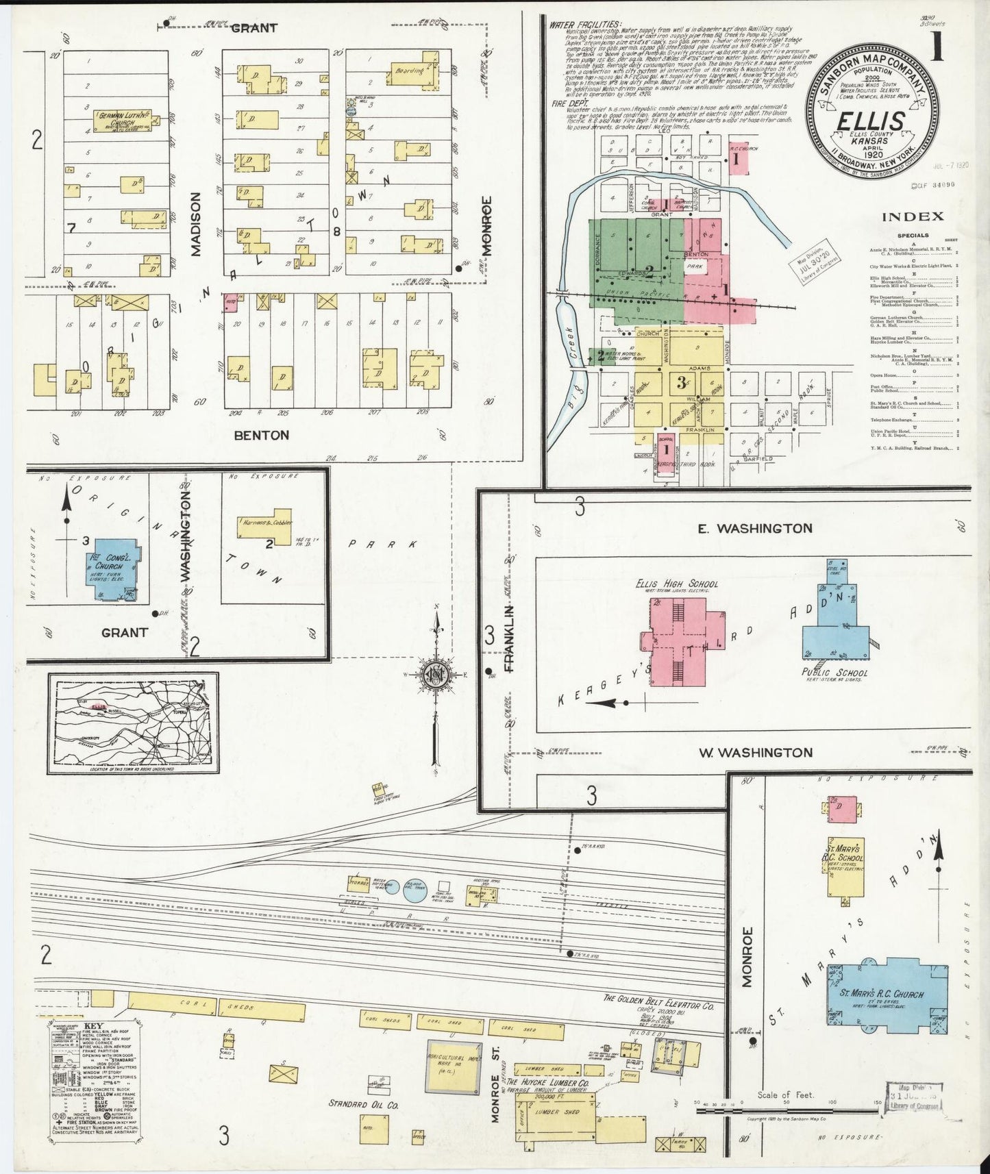 Sanborn Fire Insurance Map from Ellis, Ellis County, Kansas (1920), Sheet #0001 - Complete Map Set gallery image, historic Sanborn map, vintage wall art, Kansas Kansas