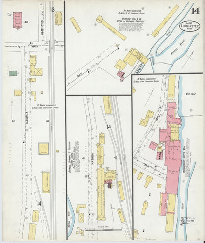 Sanborn Fire Insurance Map from Leominster, Worcester County, Massachusetts (1901), Sheet #0014 - Historic Sanborn Fire Insurance Map Print, vintage old map wall art, antique decor, genealogy gift, Massachusetts Massachusetts map
