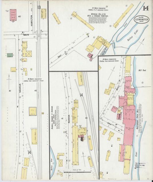 Sanborn Fire Insurance Map from Leominster, Worcester County, Massachusetts (1901), Sheet #0014 - Historic Sanborn Fire Insurance Map Print, vintage old map wall art, antique decor, genealogy gift, Massachusetts Massachusetts map