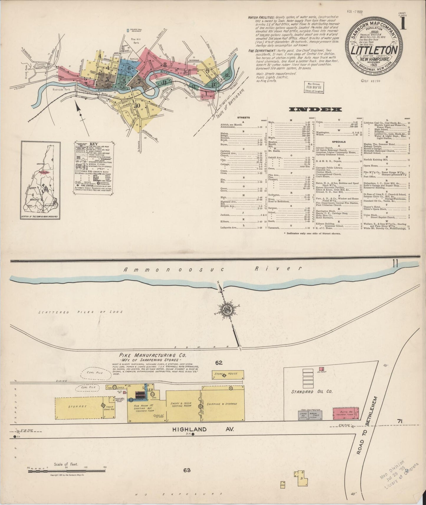 Sanborn Fire Insurance Map from Littleton, Grafton County, New Hampshire (1921), Sheet #0001 - Complete Map Set gallery image, historic Sanborn map, vintage wall art, New Hampshire New Hampshire
