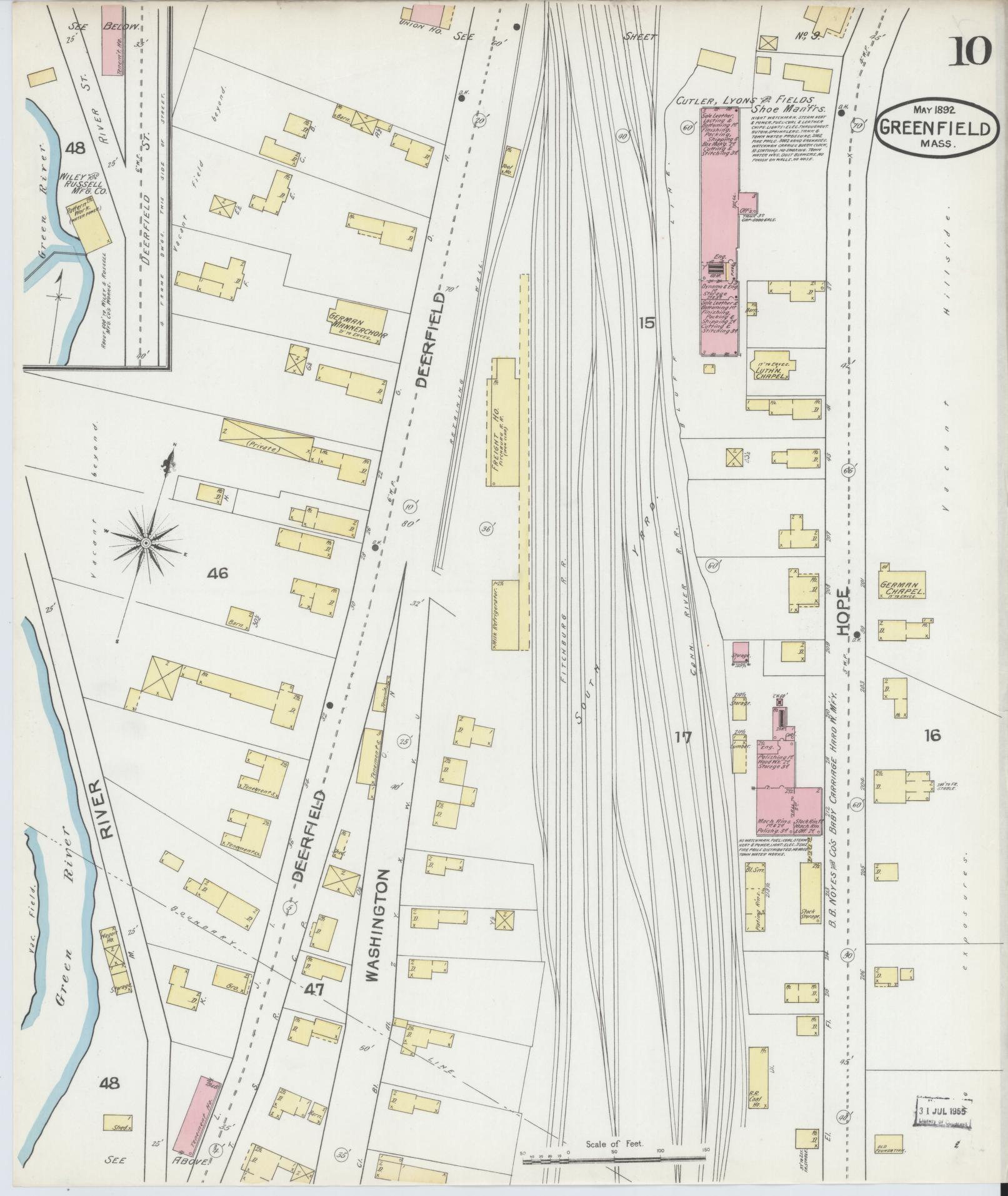 Sanborn Fire Insurance Map from Greenfield, Franklin County, Massachusetts (1892), Sheet #0010 - Historic Sanborn Fire Insurance Map Print, vintage old map wall art, antique decor, genealogy gift, Massachusetts Massachusetts map