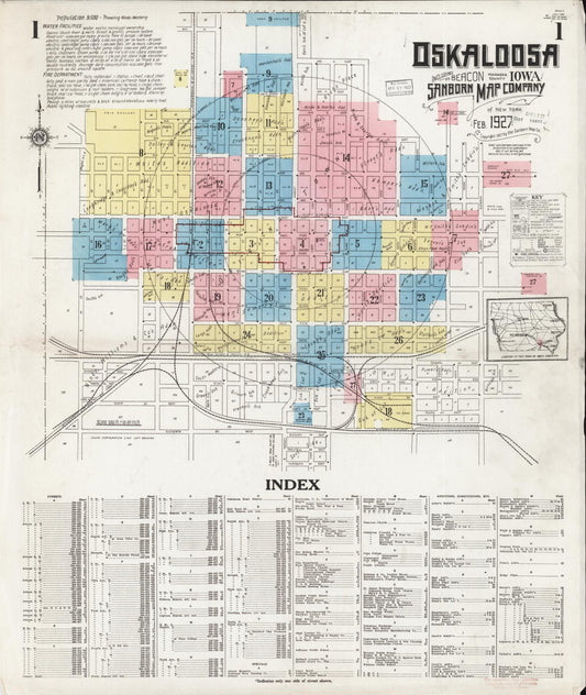 Sanborn Fire Insurance Map from Oskaloosa, Mahaska County, Iowa (1927), Sheet #0001 - Historic Sanborn Fire Insurance Map Print, vintage old map wall art