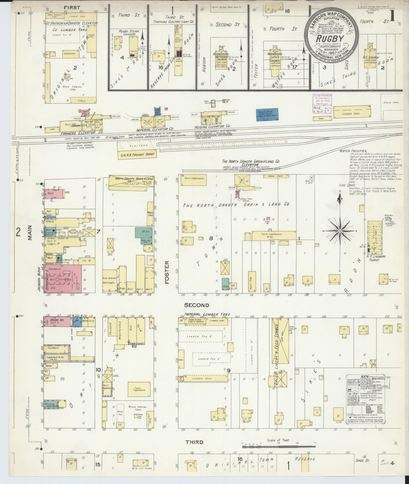 Sanborn Fire Insurance Map from Rugby, Pierce County, North Dakota. (1907) – Historic Sanborn Fire Insurance Map Print