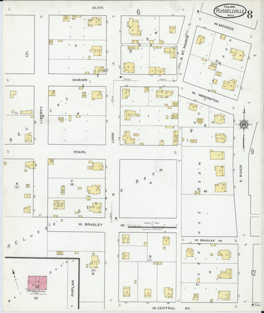 Sanborn Fire Insurance Map from Russellville, Pope County, Arkansas (1919), Sheet #0008 - Historic Sanborn Fire Insurance Map Print, vintage old map wall art, antique decor, genealogy gift, Arkansas Arkansas map