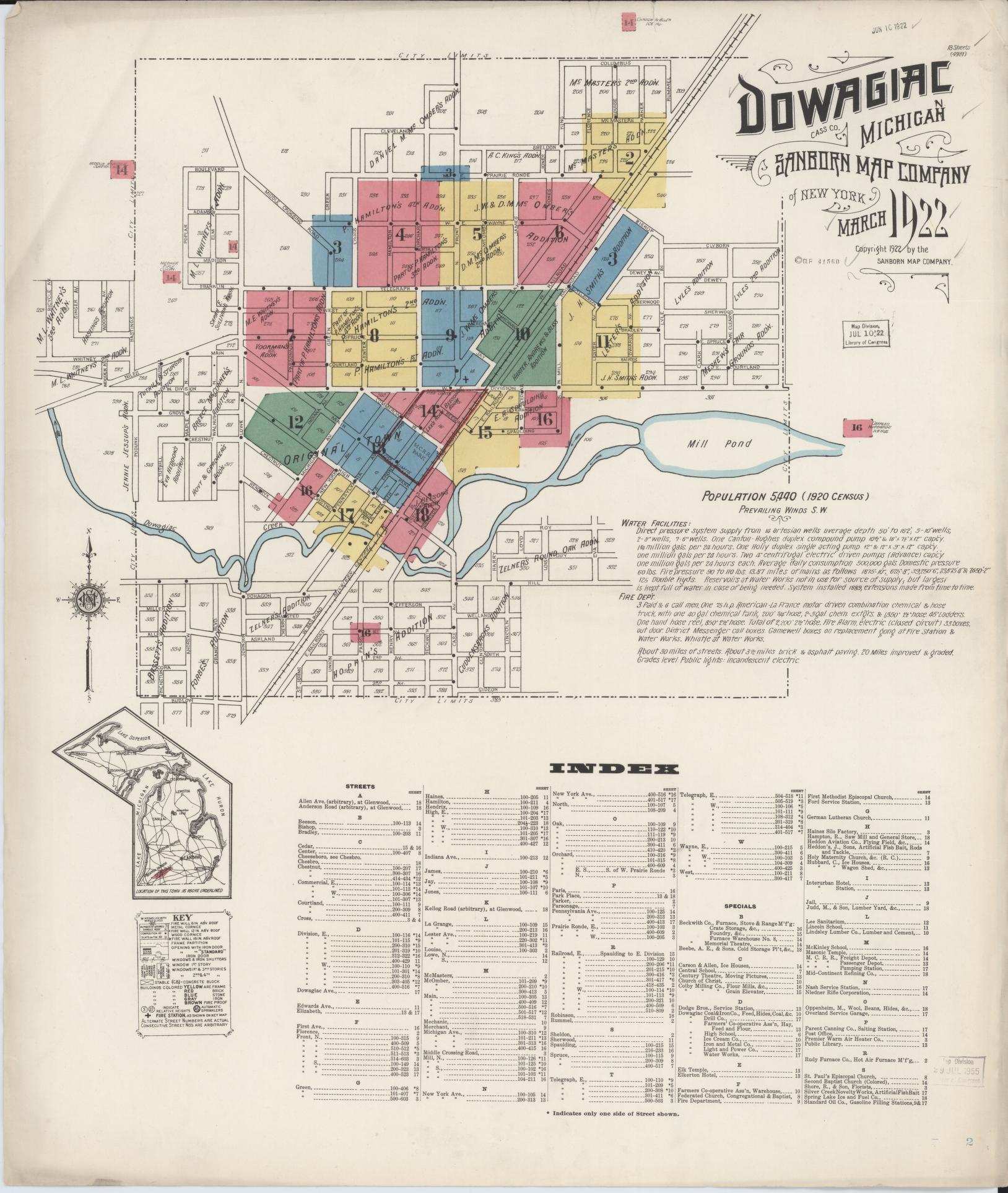 Sanborn Fire Insurance Map from Dowagiac, Cass County, Michigan (1922), Sheet #0001 - Historic Sanborn Fire Insurance Map Print, vintage old map wall art, antique decor, genealogy gift, Michigan Michigan map