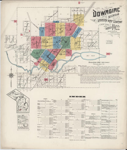 Sanborn Fire Insurance Map from Dowagiac, Cass County, Michigan (1922), Sheet #0001 - Historic Sanborn Fire Insurance Map Print, vintage old map wall art, antique decor, genealogy gift, Michigan Michigan map