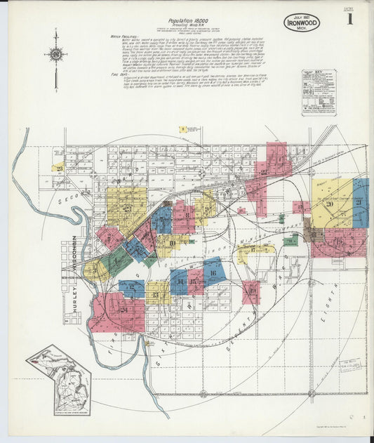 Sanborn Fire Insurance Map from Ironwood, Gogebic County, Michigan (1921), Sheet #0001 - Historic Sanborn Fire Insurance Map Print, vintage old map wall art, antique decor, genealogy gift, Michigan Michigan map