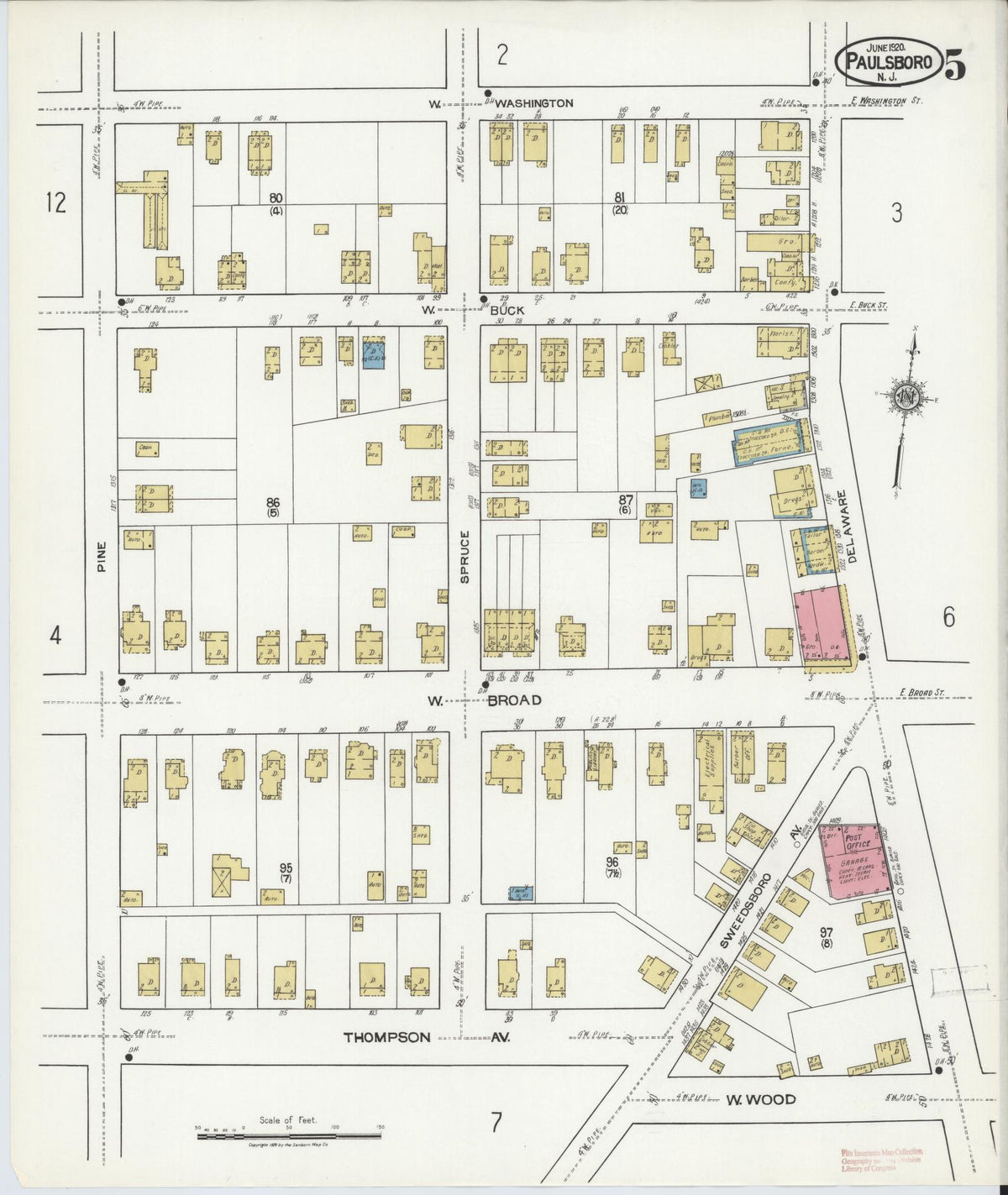 Sanborn Fire Insurance Map from Paulsboro, Gloucester County, New Jersey (1920), Sheet #0005 - Historic Sanborn Fire Insurance Map Print, vintage old map wall art, antique decor, genealogy gift, New Jersey New Jersey map