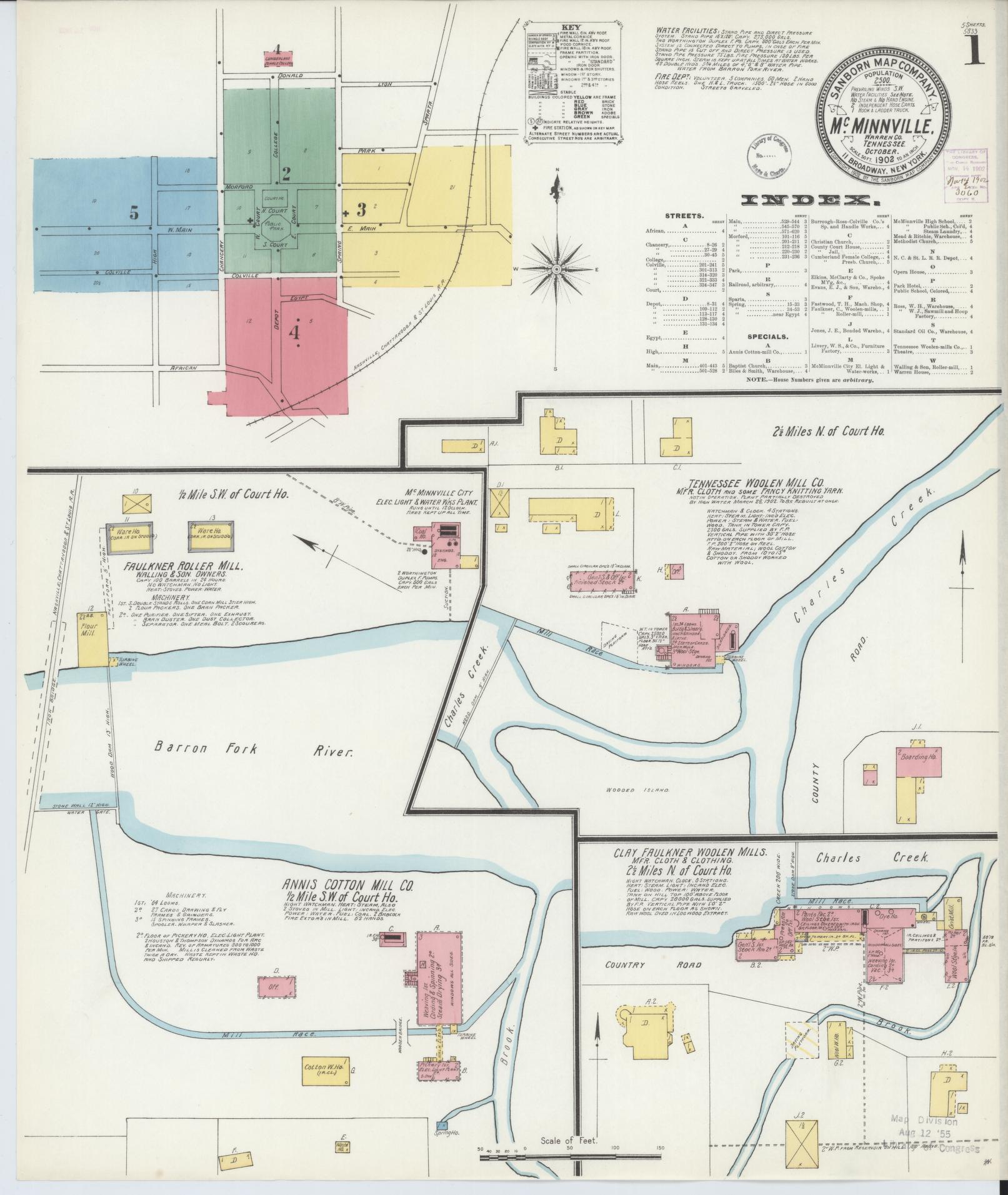 Sanborn Fire Insurance Map from McMinnville, Warren County, Tennessee (1902), Sheet #0001 - Complete Map Set gallery image, historic Sanborn map, vintage wall art, Tennessee Tennessee