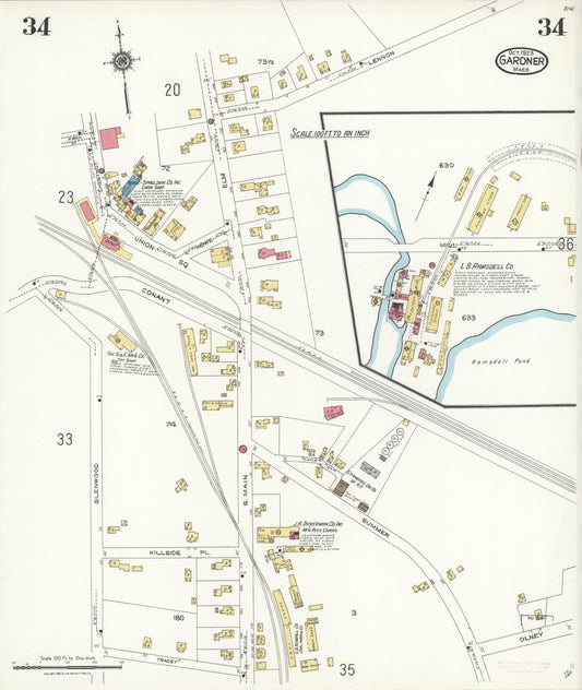 Sanborn Fire Insurance Map from Gardner, Worcester County, Massachusetts (1923), Sheet #0034 - Historic Sanborn Fire Insurance Map Print, vintage old map wall art, antique decor, genealogy gift, Massachusetts Massachusetts map
