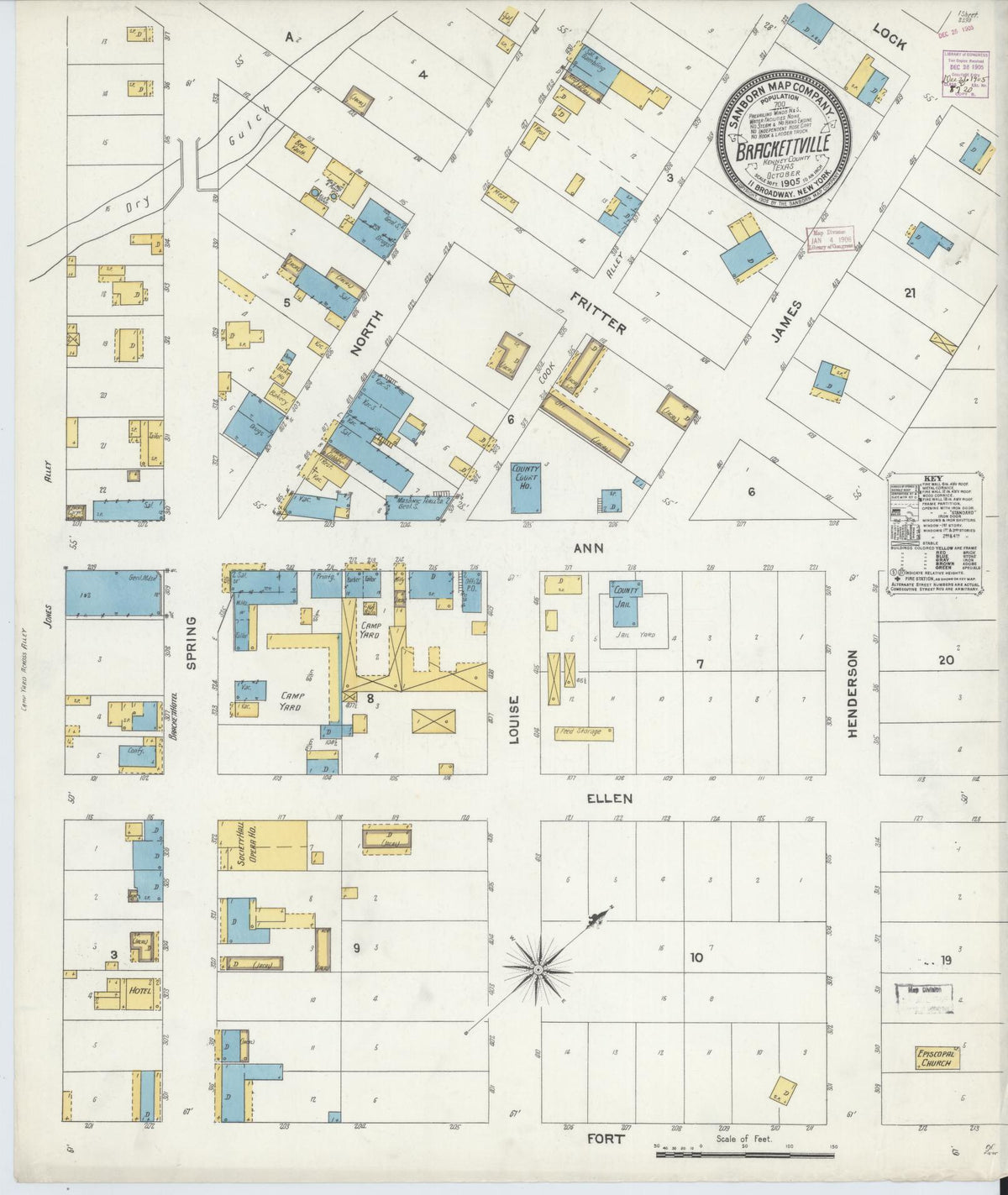 Sanborn Fire Insurance Map from Brackettville, Kinney County, Texas (1905), Sheet #0001 - Historic Sanborn Fire Insurance Map Print, vintage old map wall art, antique decor, genealogy gift, Texas Texas map
