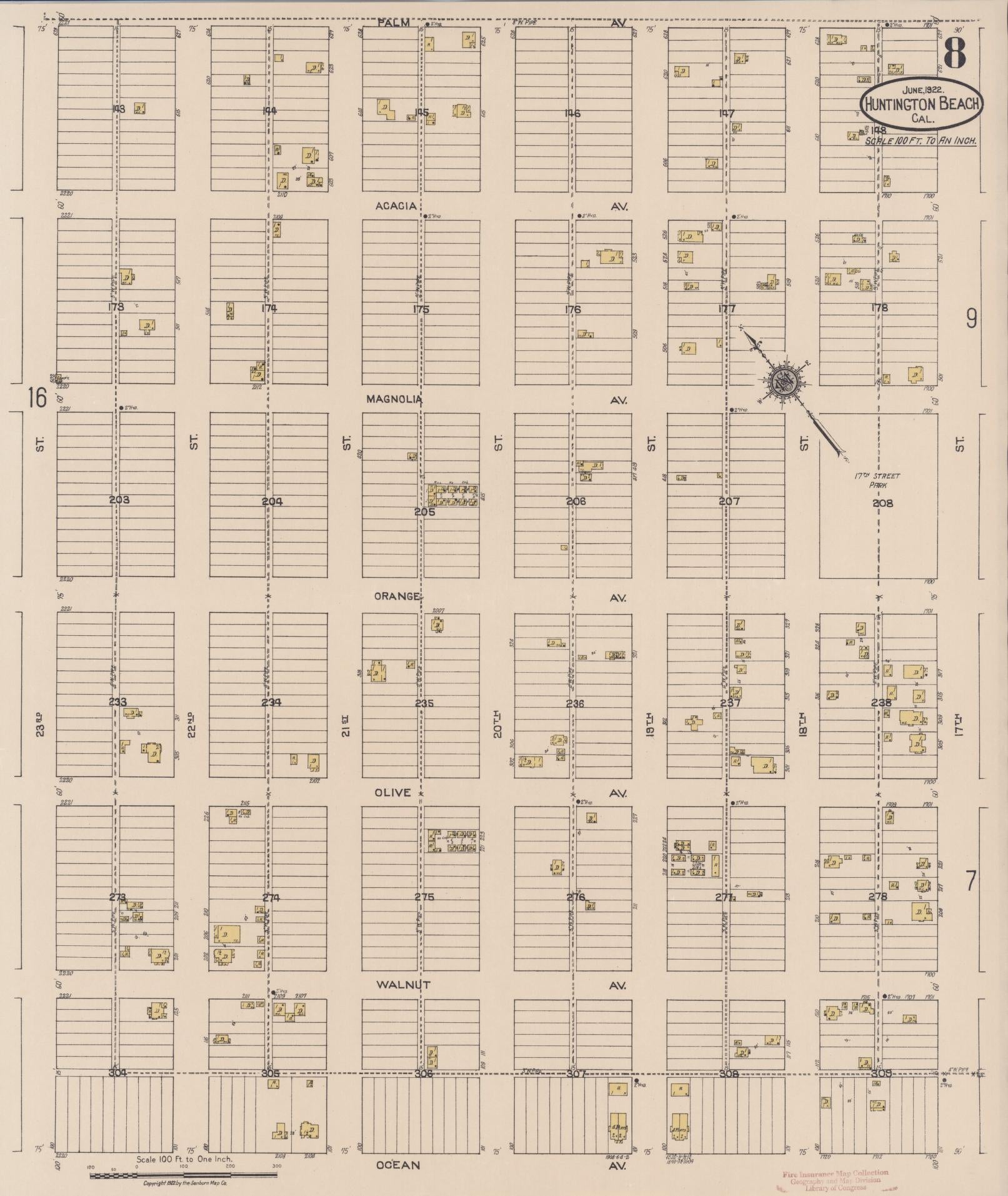 Sanborn Fire Insurance Map from Huntington Beach, Orange County, California (1922), Sheet #0008 - Historic Sanborn Fire Insurance Map Print, vintage old map wall art, antique decor, genealogy gift, California California map