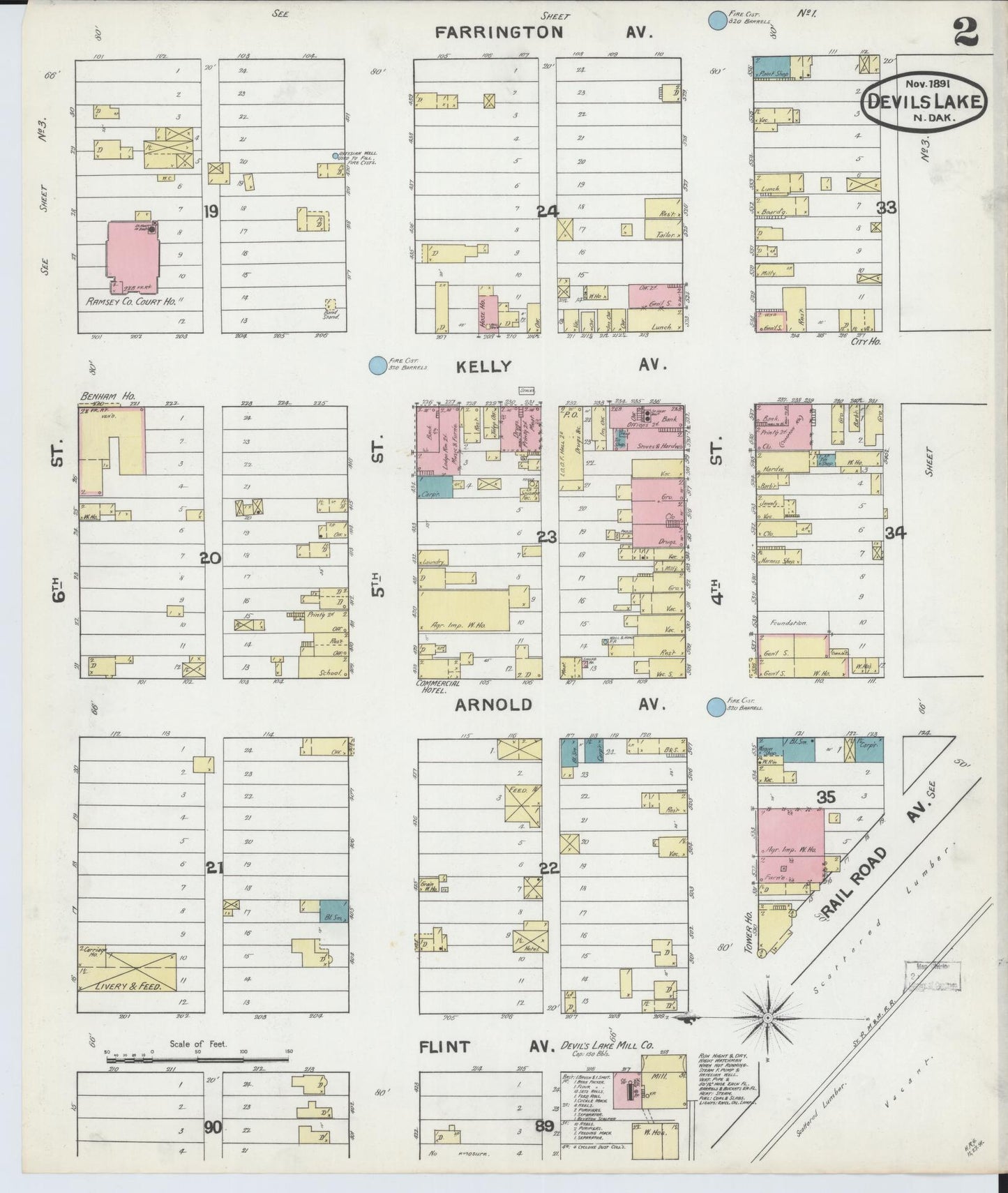 Sanborn Fire Insurance Map from Devils Lake, Ramsey County, North Dakota (1891), Sheet #0002 - Complete Map Set gallery image, historic Sanborn map, vintage wall art, North Dakota North Dakota
