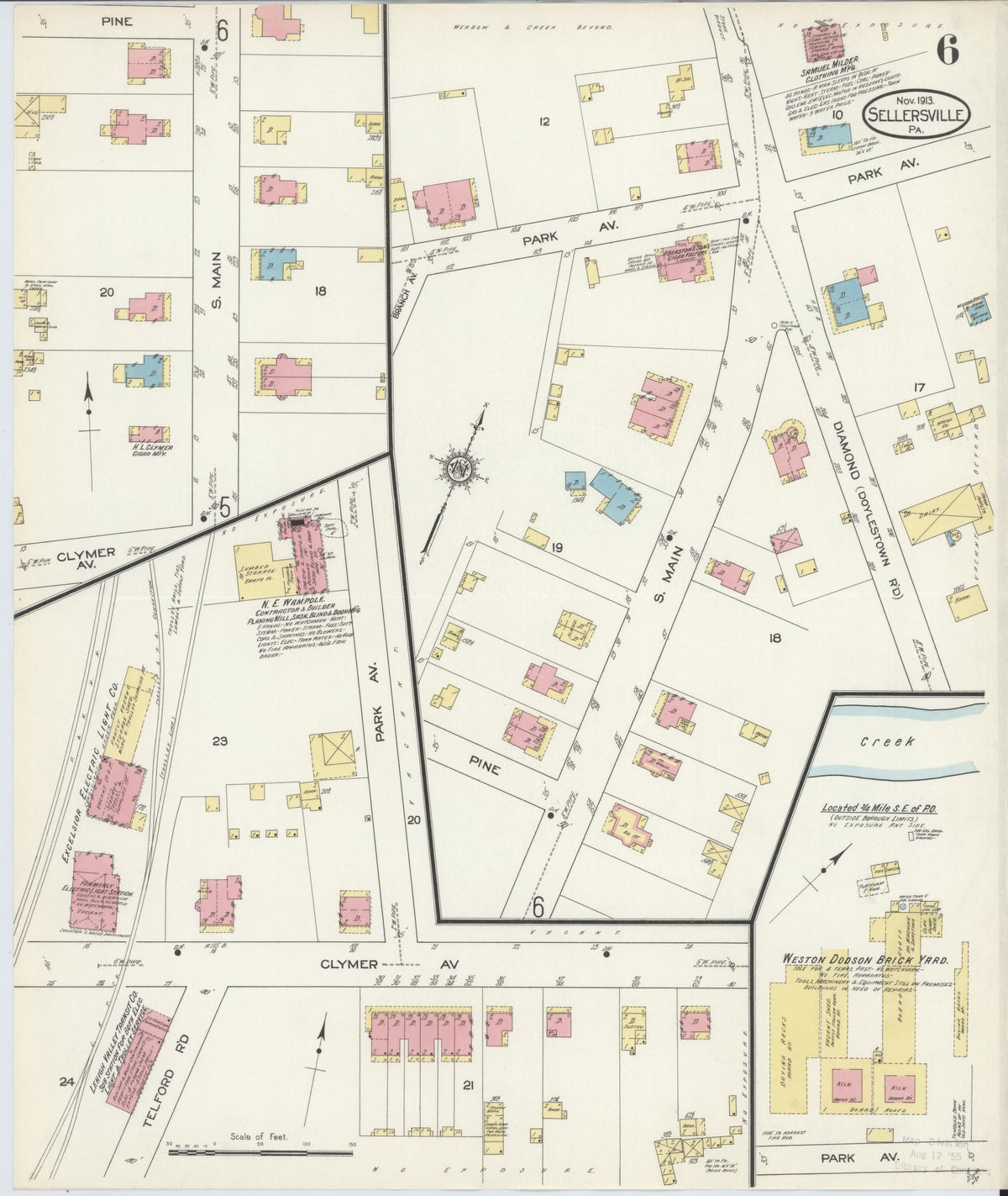 Sanborn Fire Insurance Map from Sellersville, Bucks County, Pennsylvania (1913), Sheet #0006 - Historic Sanborn Fire Insurance Map Print, vintage old map wall art, antique decor, genealogy gift, Pennsylvania Pennsylvania map
