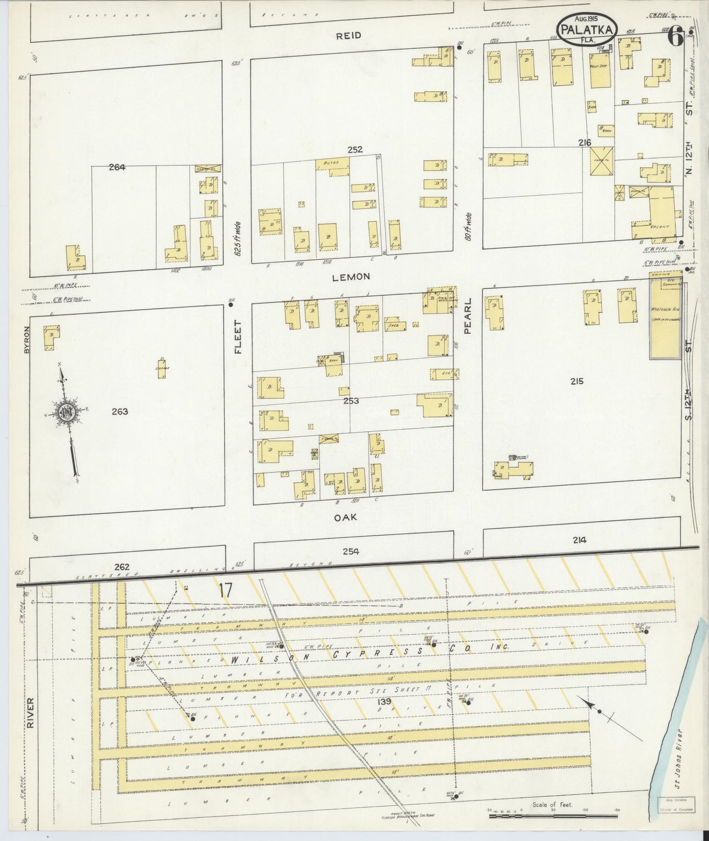 Sanborn Fire Insurance Map from Palatka, Putnam County, Florida (1915), Sheet #0006 - Complete Map Set gallery image, historic Sanborn map, vintage wall art, Florida Florida